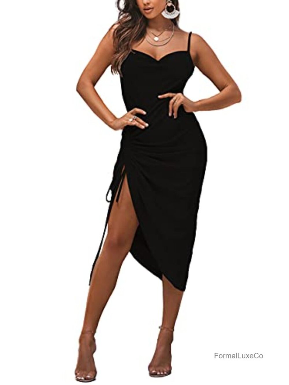 Satin Spaghetti Strap Cowl Neck Bodycon Midi Dress